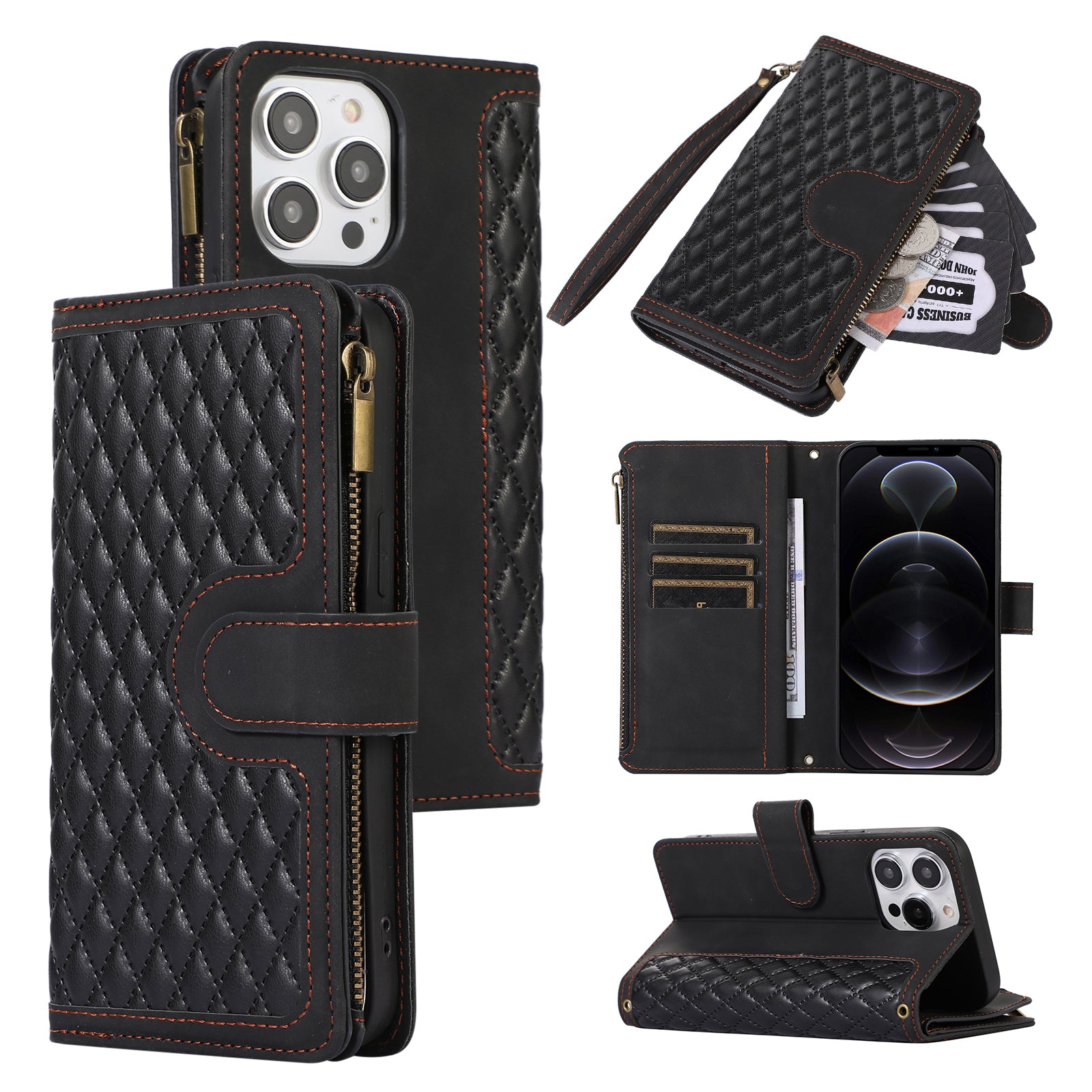 For iPhone 12 Pro Max 6.7 inch Leather Wallet Card Holder Phone Case Rhombus Imprinted Stand Cover with Zipper Pocket For iPhone 12 Pro Max 6.7 inch Leather Wallet Card Holder Phone Case Rhombus Imprinted Stand Cover with Zipper Pocket